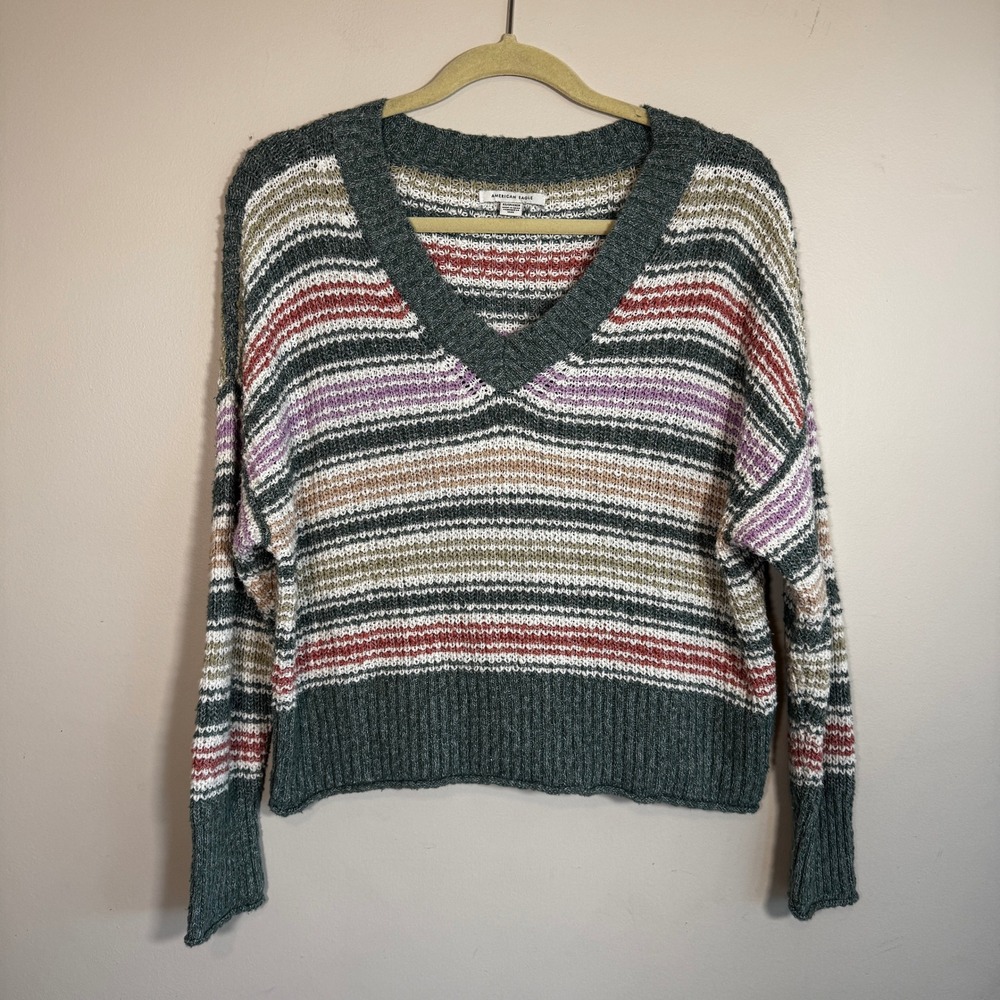 American Eagle Women XS Striped V-Neck Knit Sweater Multi-Color Long Sleeve Top